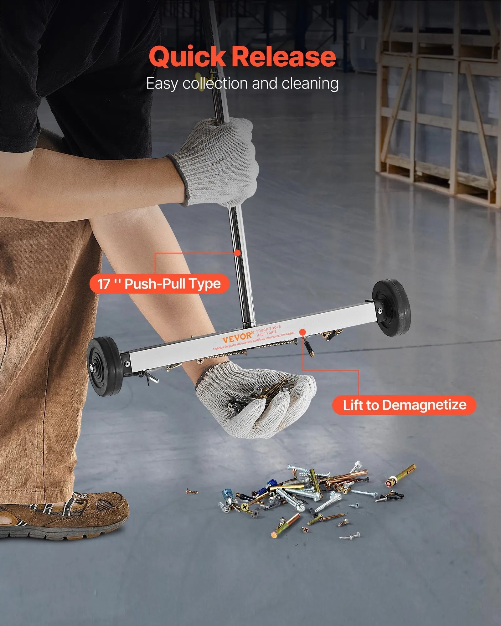 VEVOR Magnetic Sweeper with Wheels, 17 inch, 10 lbs Load Capacity, Lightweight Magnetic Pickup Sweeper with Adjustable Handle, Pick Up Nails and Screws, Easy Cleanup for Garages, Roofing Projects 