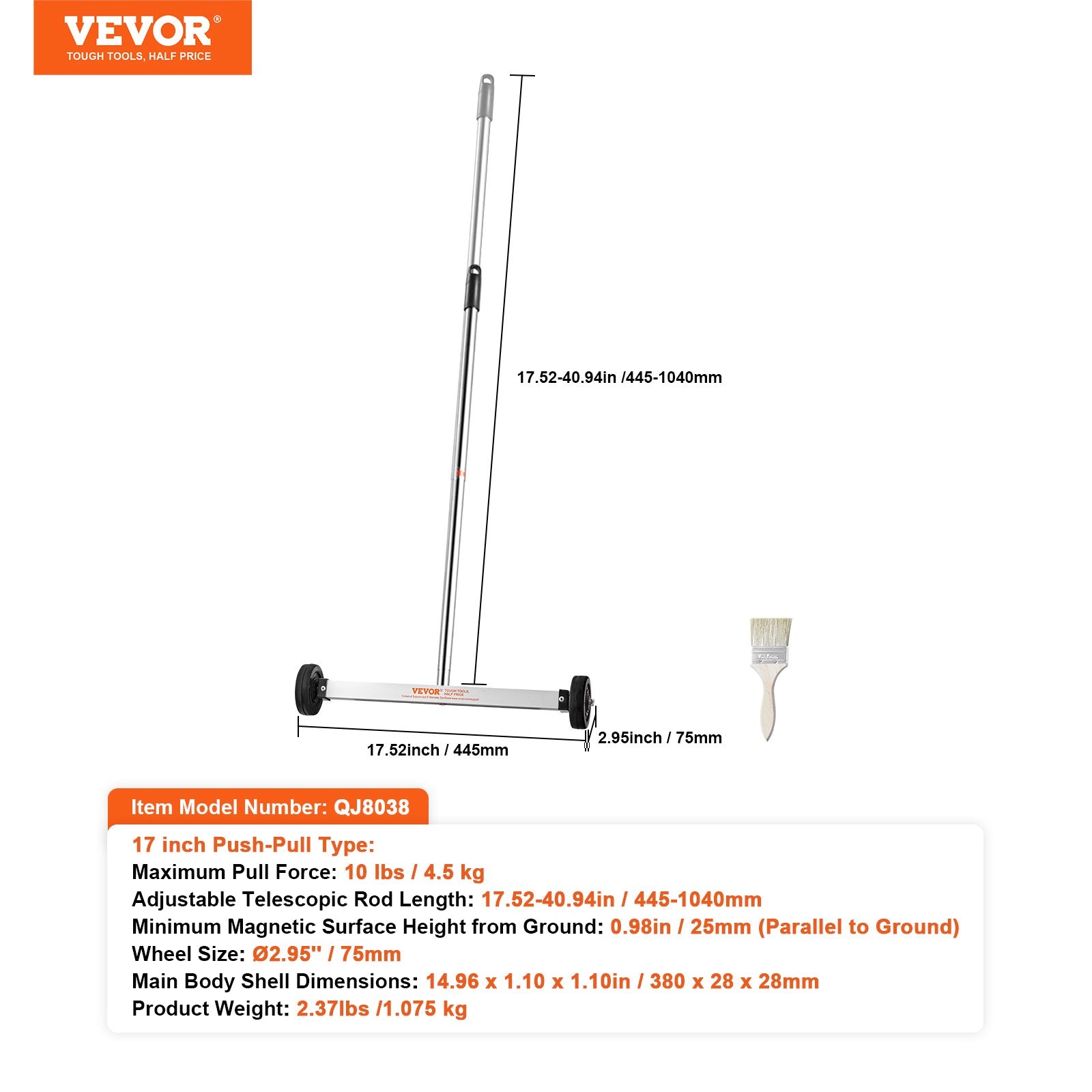 VEVOR Magnetic Sweeper with Wheels 17inch Mini 10 lbs Capacity Adjustable Handle 
