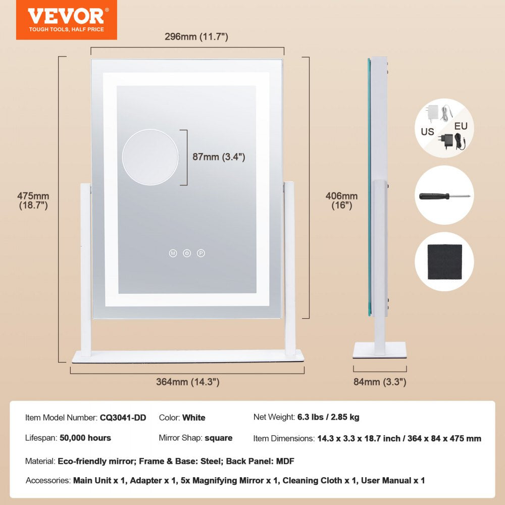 VEVOR Lighted Makeup Mirror 3 Color Vanity with 5X Magnification 16.1x11.8 in 