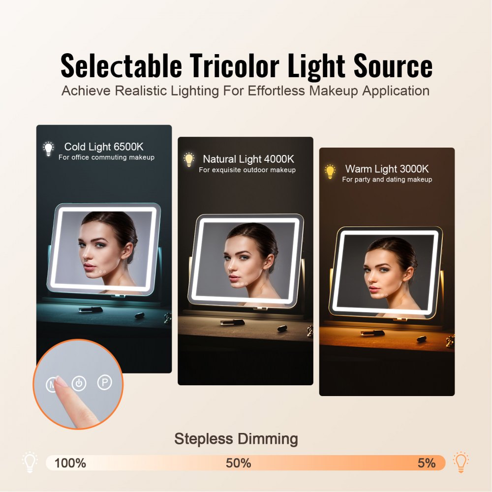 VEVOR Lighted Makeup Mirror 3 Color Vanity w/ USB Port Magnification21.7x17.7 in 