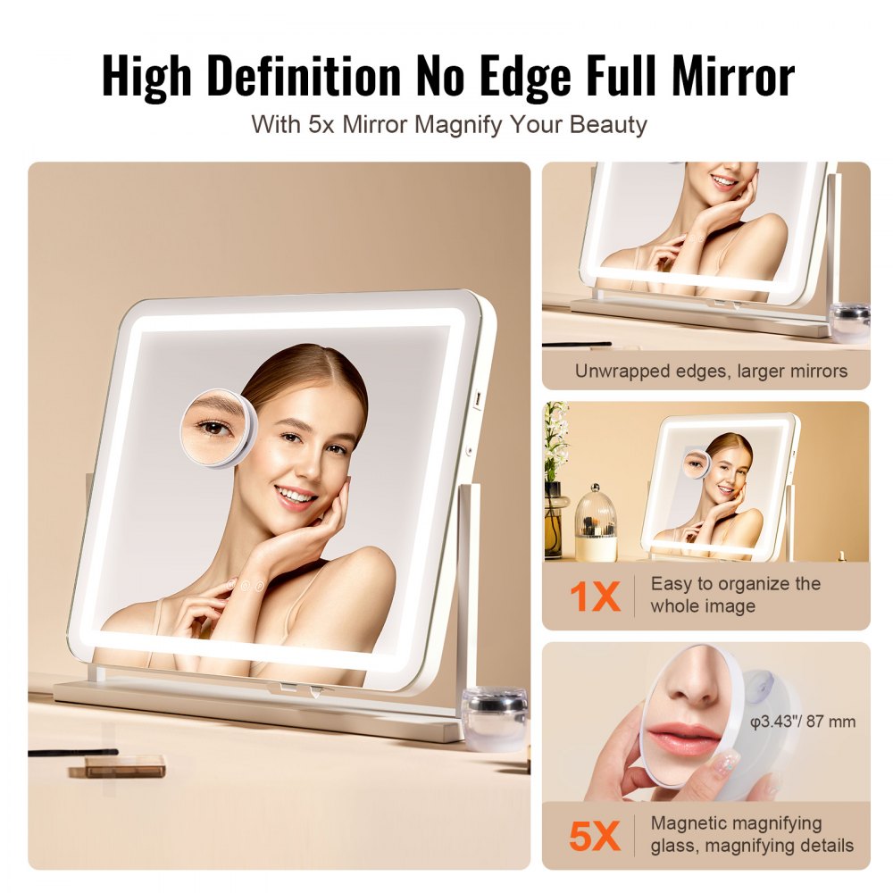 VEVOR Lighted Makeup Mirror 3 Color Vanity w/ USB Port Magnification21.7x17.7 in 