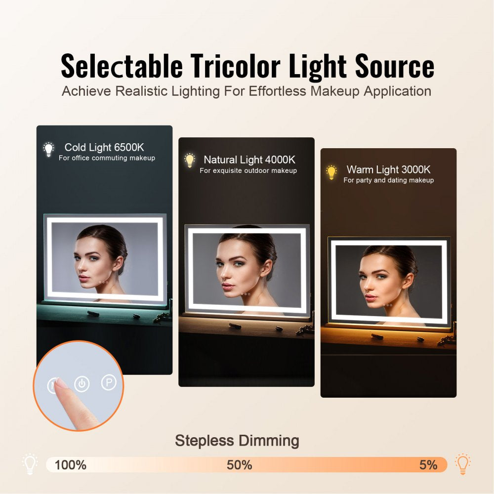 VEVOR Lighted Makeup Mirror 3 Color Vanity w/ USB Desktop Wall-mount 31.5x21.7in 