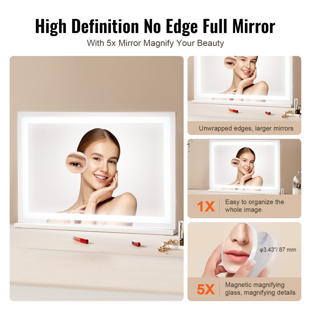 VEVOR Lighted Makeup Mirror 3 Color Vanity w/ USB Desktop Wall-mount 31.5x21.7in 