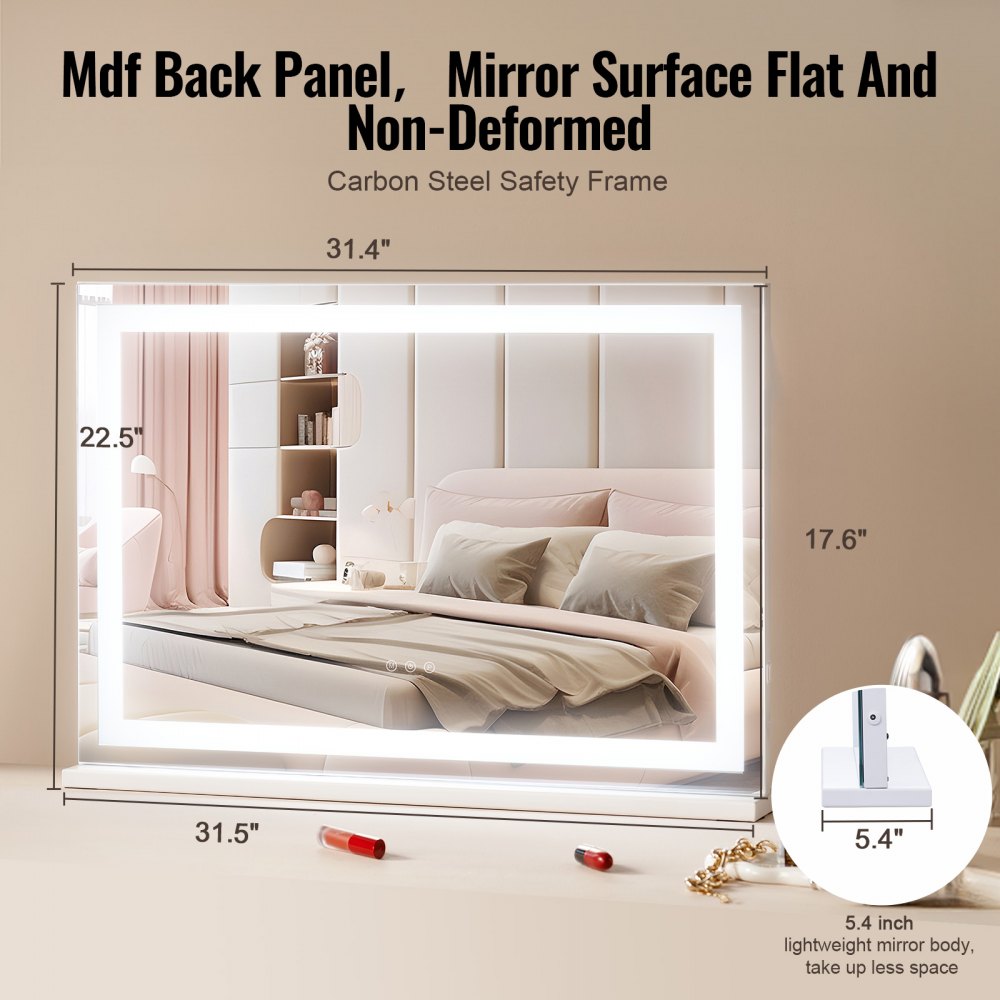 VEVOR Lighted Makeup Mirror 3 Color Vanity w/ USB Desktop Wall-mount 31.5x21.7in 