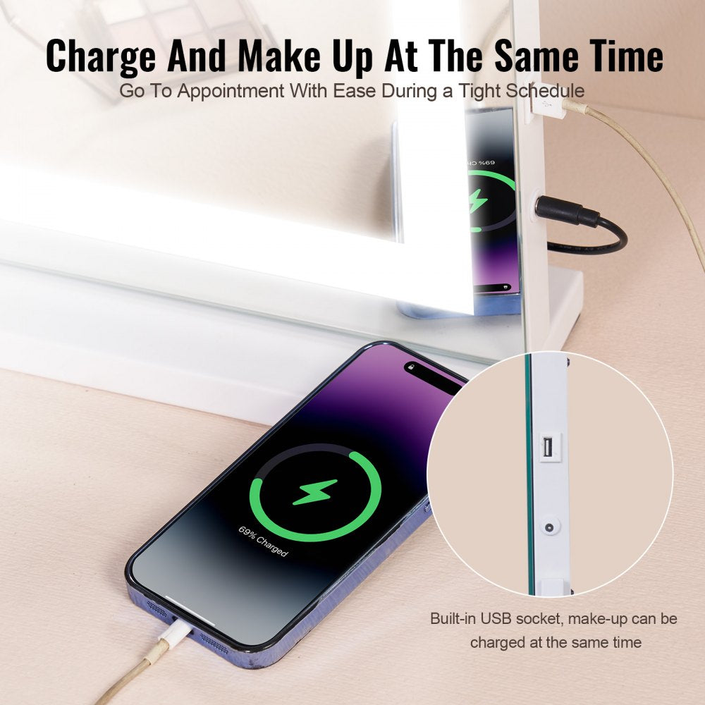 VEVOR Lighted Makeup Mirror 3 Color Vanity w/ USB Desktop Wall-mount 31.5x21.7in 