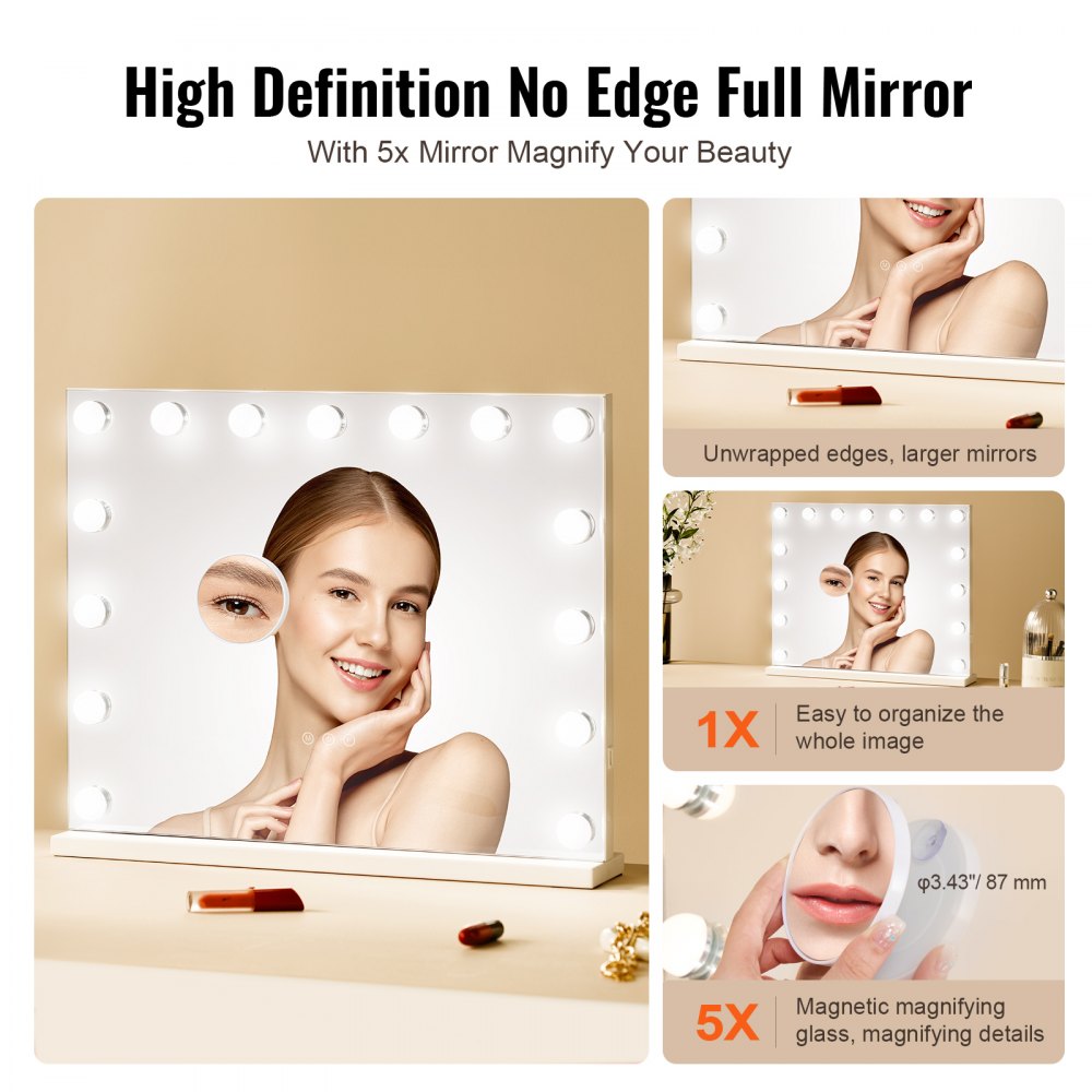 VEVOR Hollywood Vanity Mirror With Lights w/ USB Desktop Wall-mount 22.8x18.1 in 