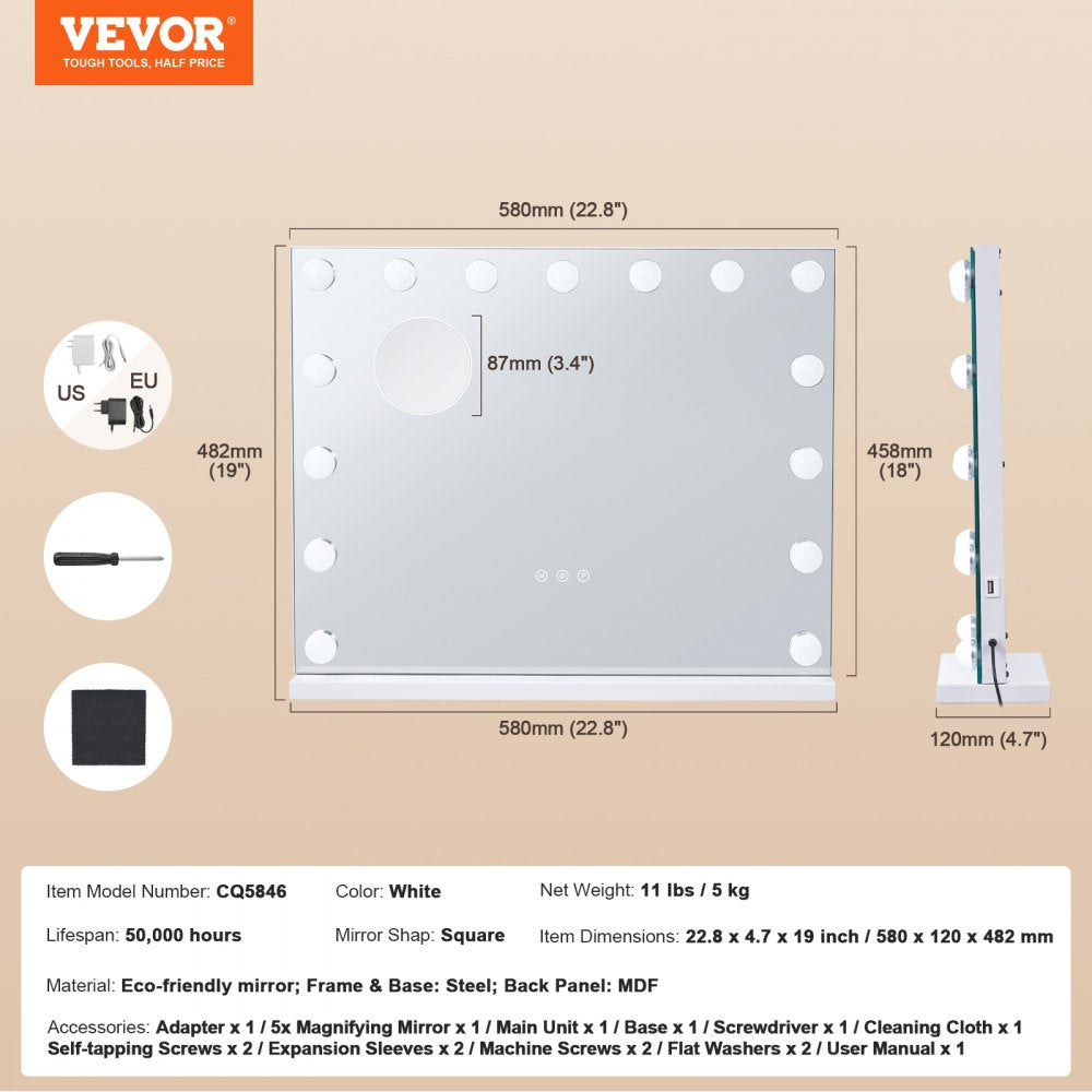 VEVOR Hollywood Vanity Mirror With Lights w/ USB Desktop Wall-mount 22.8x18.1 in 