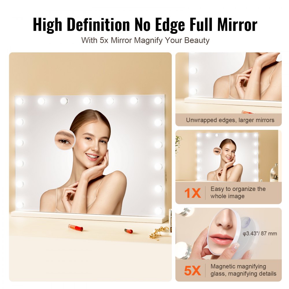 VEVOR Hollywood Vanity Mirror With Lights w/ USB Type C Desktop Wallmount 23.6in 