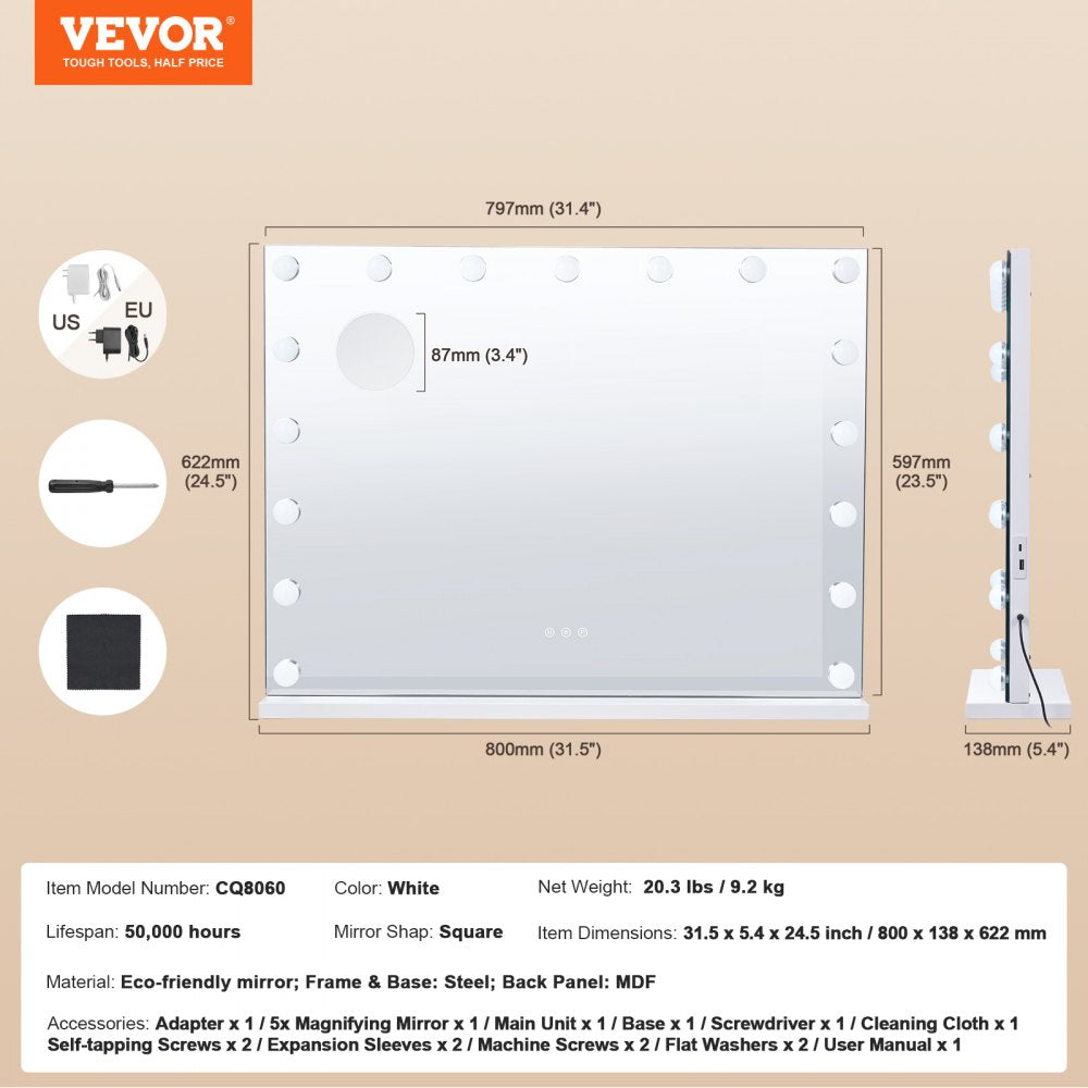 VEVOR Hollywood Vanity Mirror With Lights w/ USB Type C Desktop Wallmount 23.6in 