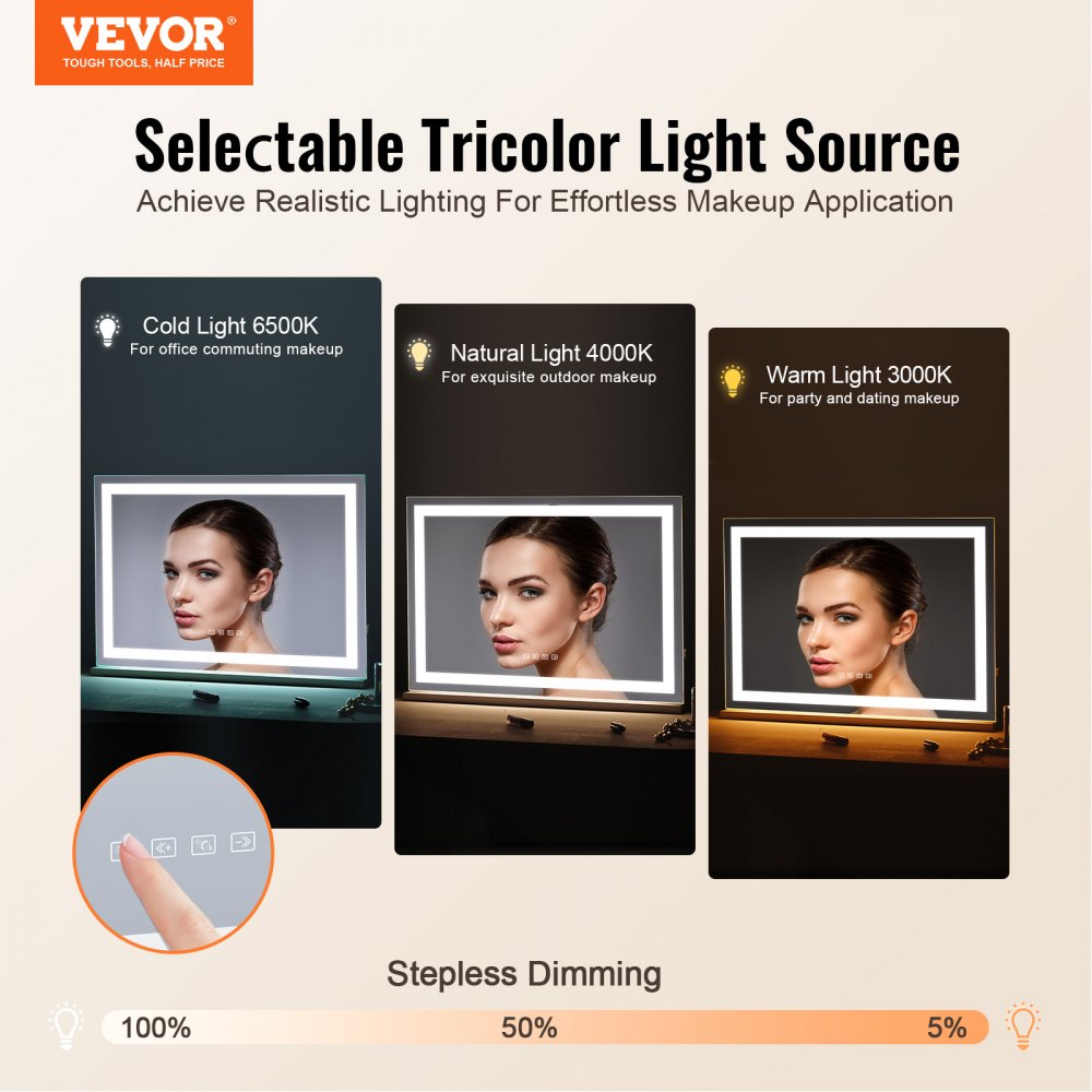 VEVOR Lighted Makeup Mirror 3 Color w/ Bluetooth USB Desktop Wall-mount 21.7in 