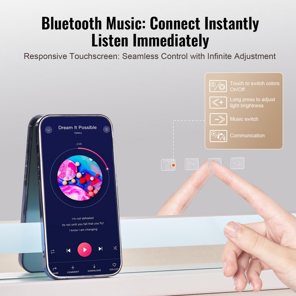 VEVOR Lighted Makeup Mirror 3 Color w/ Bluetooth USB Desktop Wall-mount 21.7in 