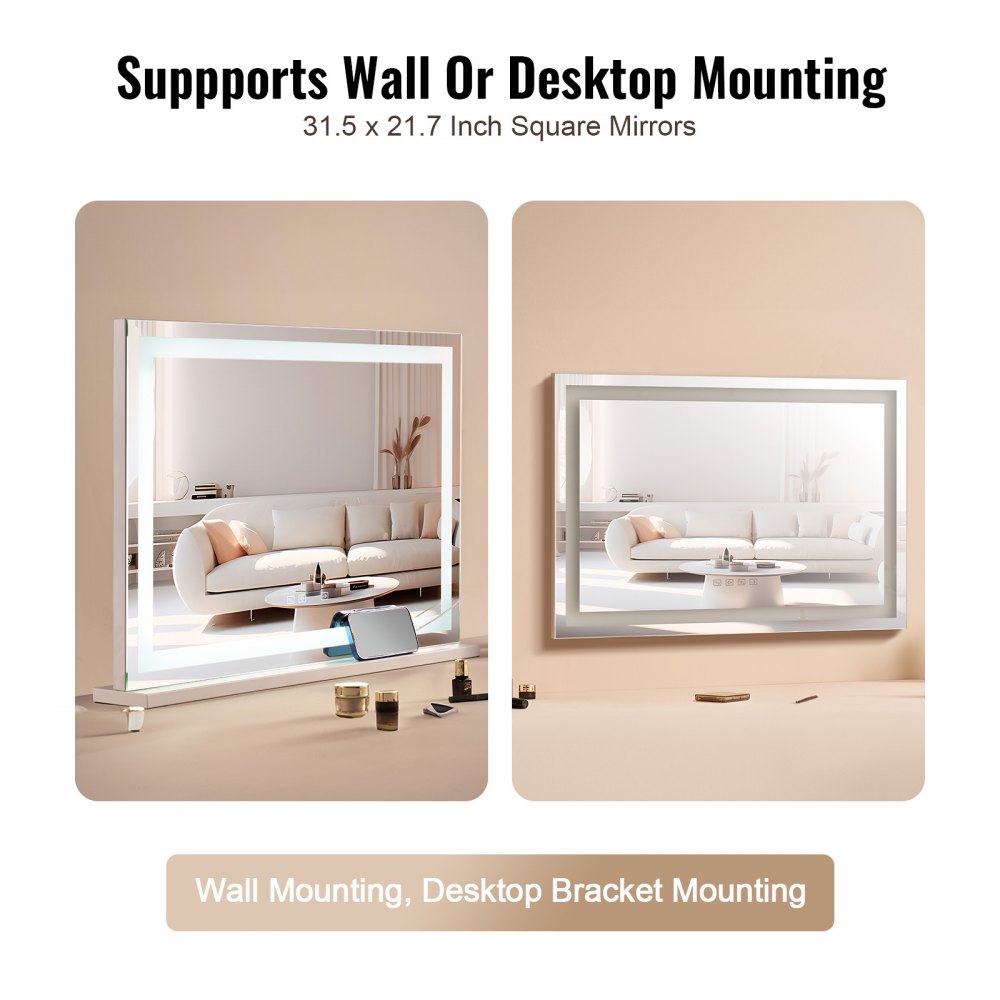 VEVOR Lighted Makeup Mirror 3 Color w/ Bluetooth USB Desktop Wall-mount 21.7in 