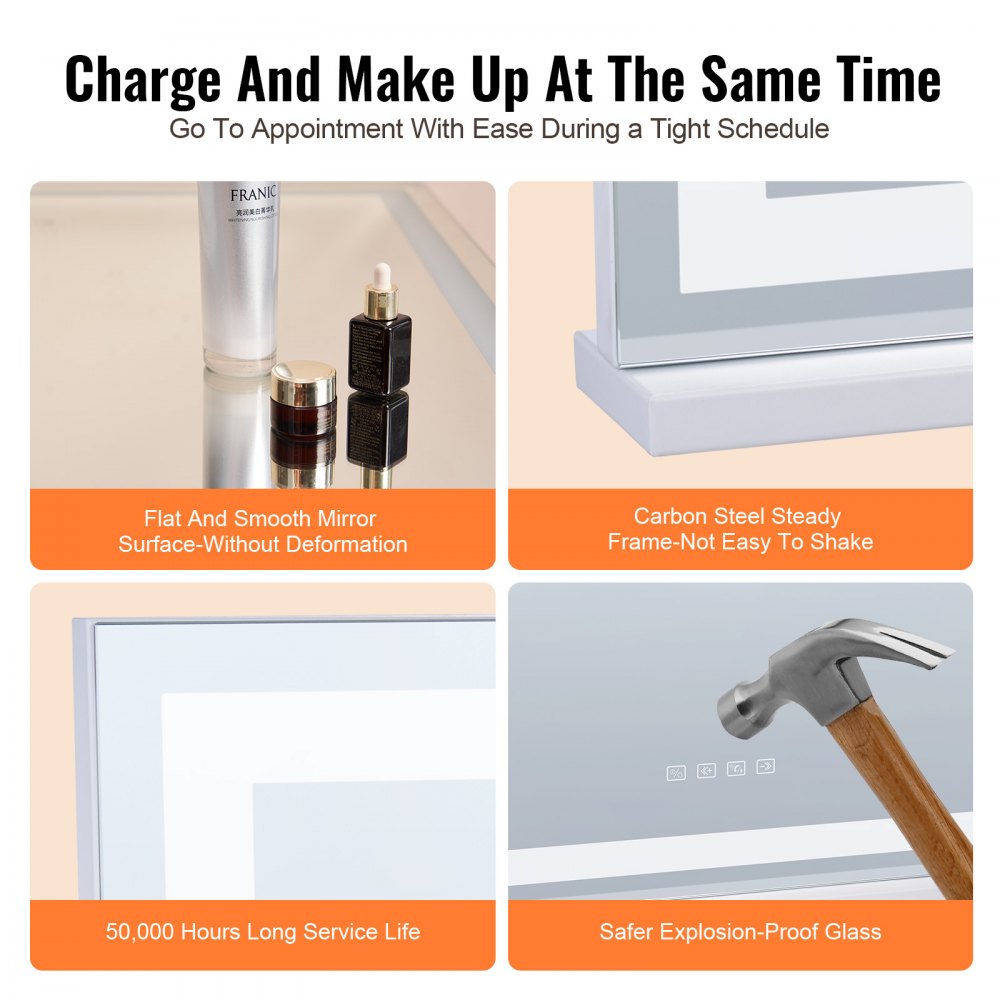 VEVOR Lighted Makeup Mirror 3 Color w/ Bluetooth USB Desktop Wall-mount 21.7in 