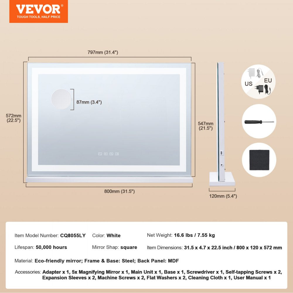 VEVOR Lighted Makeup Mirror 3 Color w/ Bluetooth USB Desktop Wall-mount 21.7in 