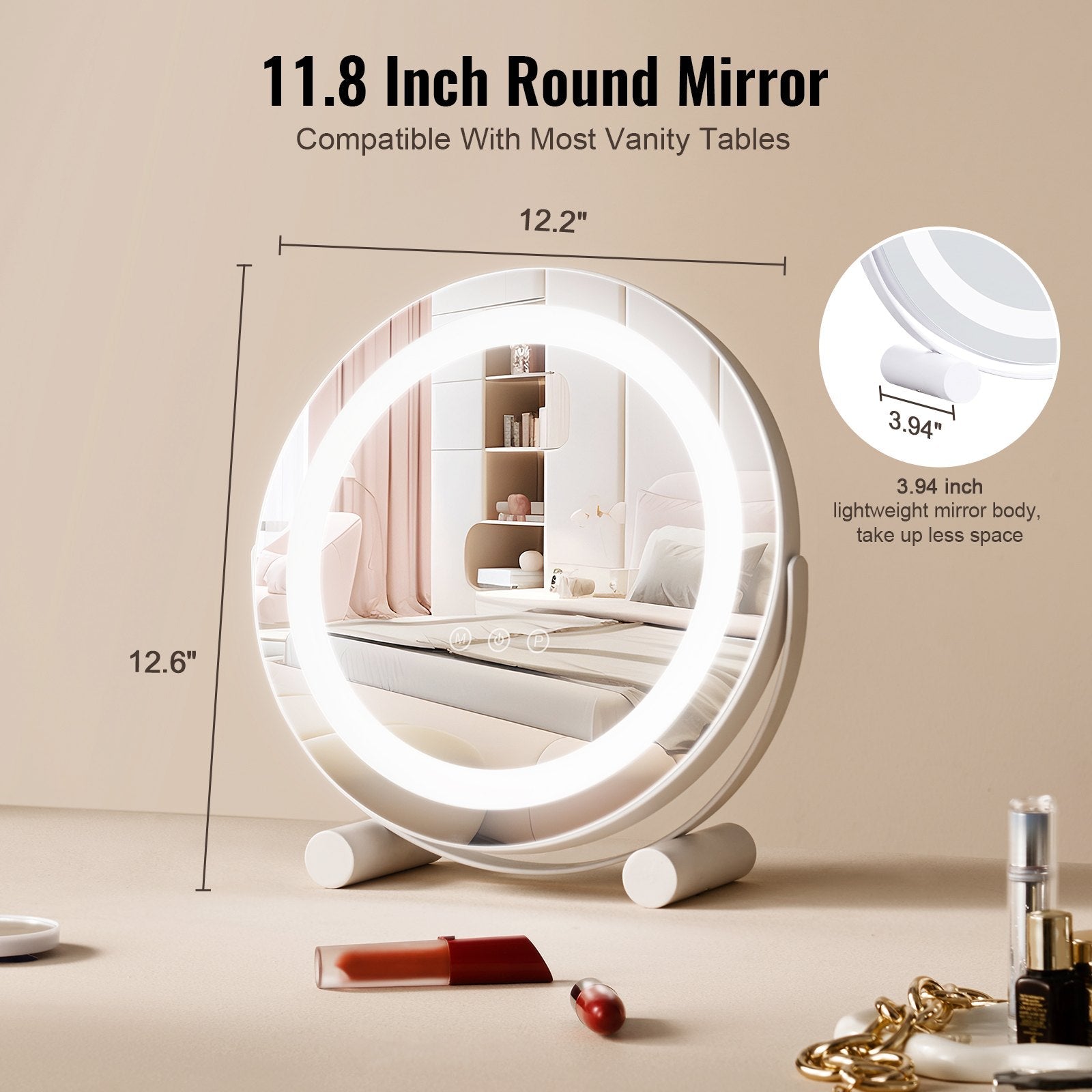VEVOR 12” Vanity Mirror With Lights LED Makeup Round w/ Smart Touch for Bedroom 