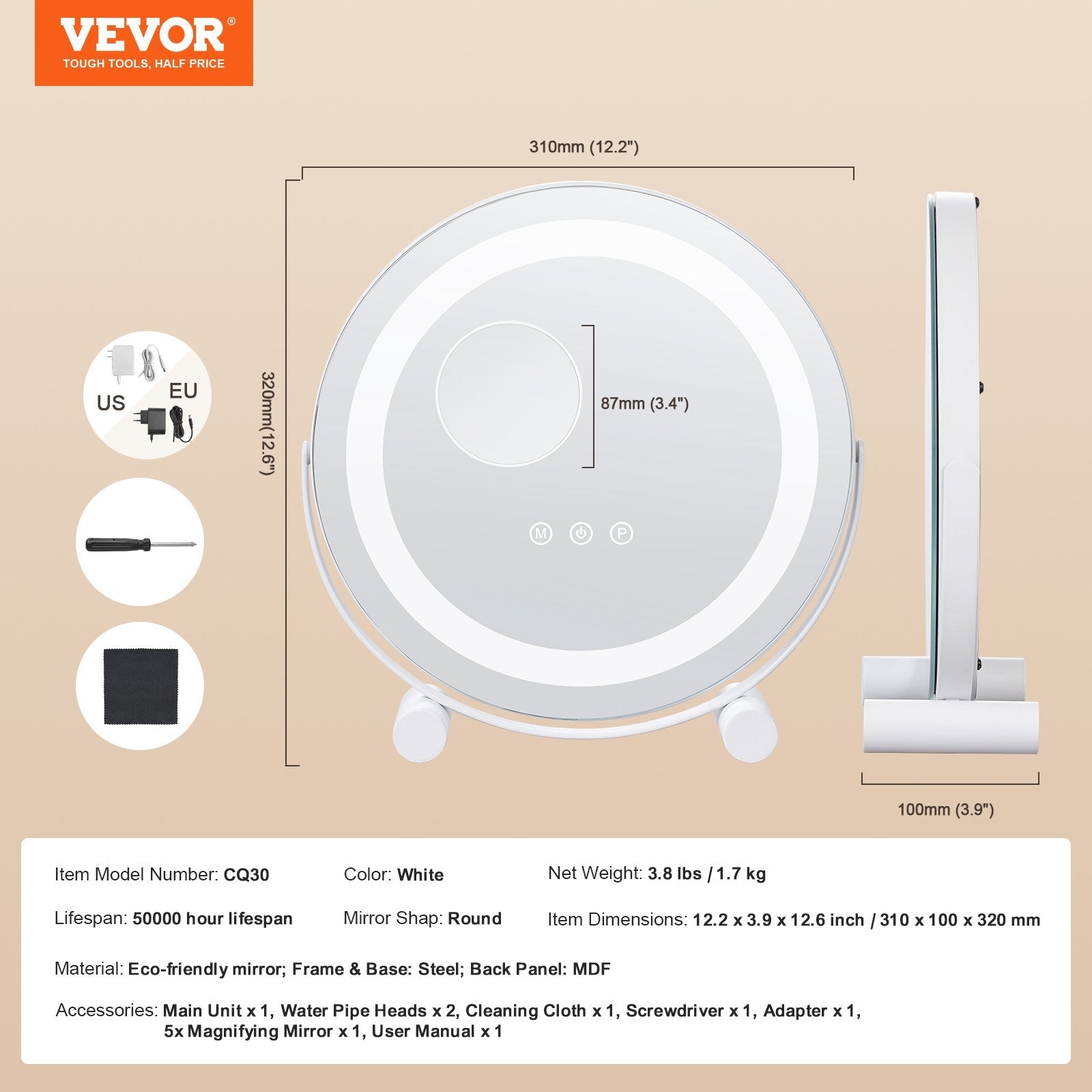 VEVOR 12” Vanity Mirror With Lights LED Makeup Round w/ Smart Touch for Bedroom 