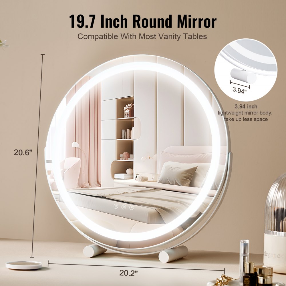 VEVOR 20” Vanity Mirror With Lights LED Makeup Round w/ Smart Touch for Bedroom 