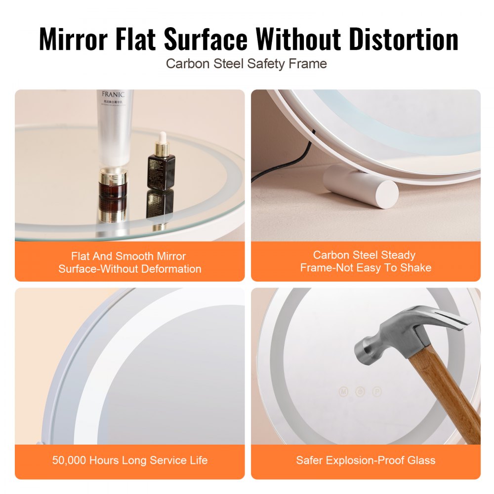 VEVOR 20” Vanity Mirror With Lights LED Makeup Round w/ Smart Touch for Bedroom 