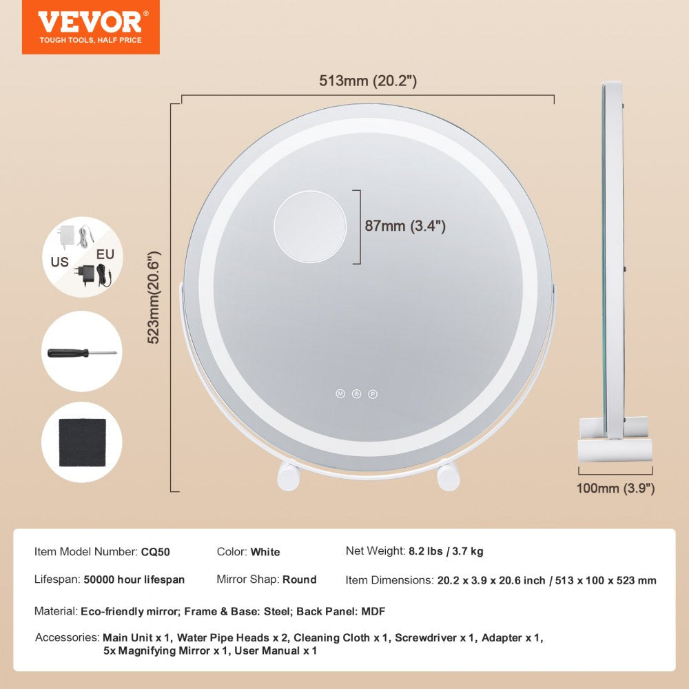 VEVOR 20” Vanity Mirror With Lights LED Makeup Round w/ Smart Touch for Bedroom 