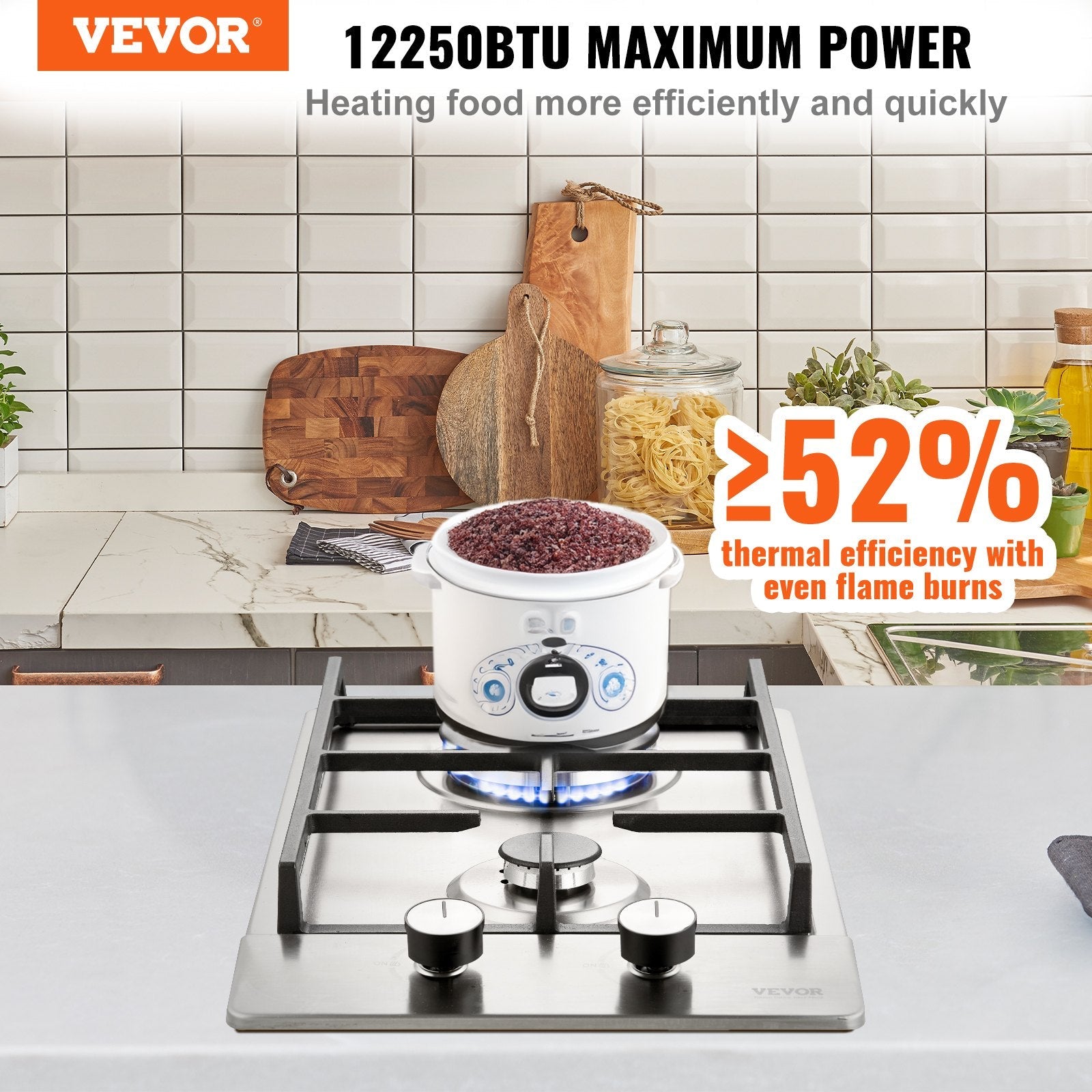 VEVOR Gas Cooktop 12 inch, Max 12250BTU 2 Burners Built-in Stainless Steel Gas Stove Top, LPG/NG Convertible Dual Fuel Natural Gas Hob with Thermocouple Protection 