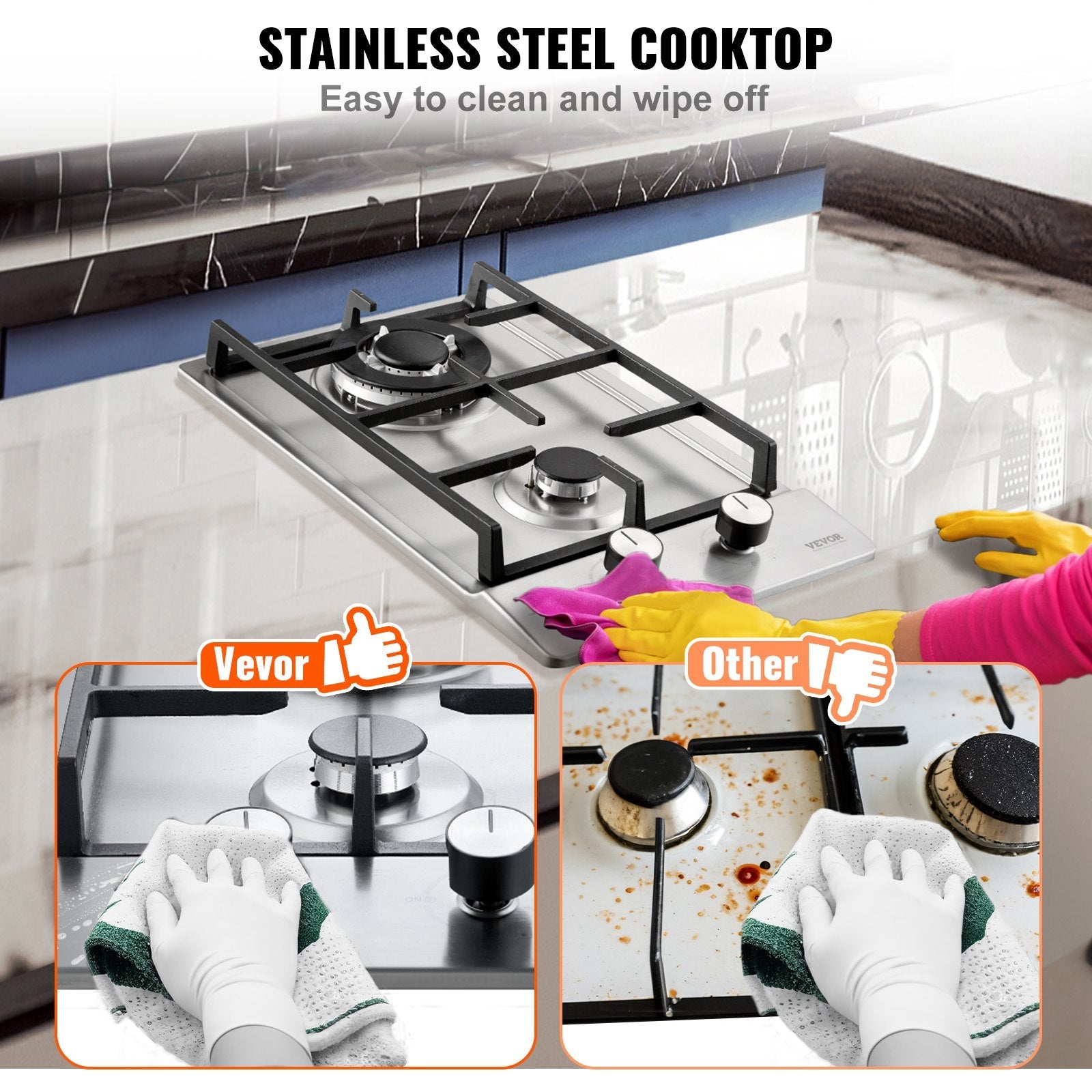 VEVOR Gas Cooktop 12 inch, Max 12250BTU 2 Burners Built-in Stainless Steel Gas Stove Top, LPG/NG Convertible Dual Fuel Natural Gas Hob with Thermocouple Protection 