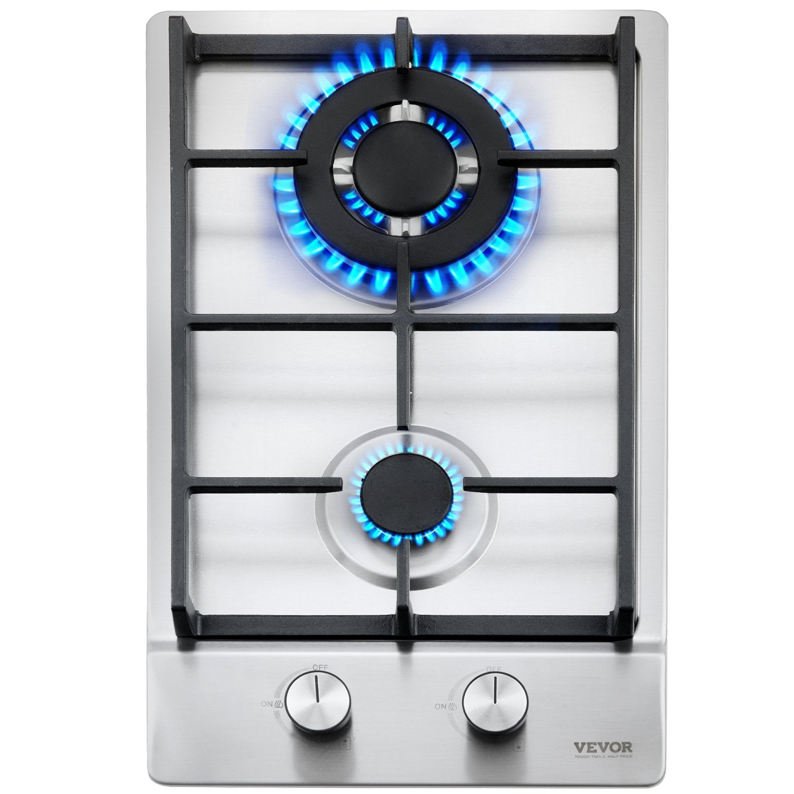 VEVOR Gas Cooktop 12 inch, Max 12250BTU 2 Burners Built-in Stainless Steel Gas Stove Top, LPG/NG Convertible Dual Fuel Natural Gas Hob with Thermocouple Protection 