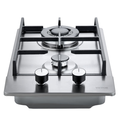 VEVOR Gas Cooktop 12 inch, Max 12250BTU 2 Burners Built-in Stainless Steel Gas Stove Top, LPG/NG Convertible Dual Fuel Natural Gas Hob with Thermocouple Protection 