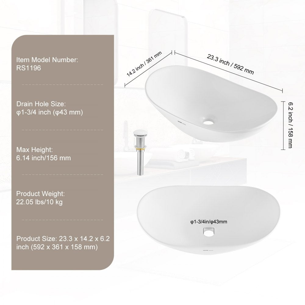 VEVOR Modern Ceramic Vessel Sink 23.3" x 14.2" Bathroom Vanity Bowl Countertop 