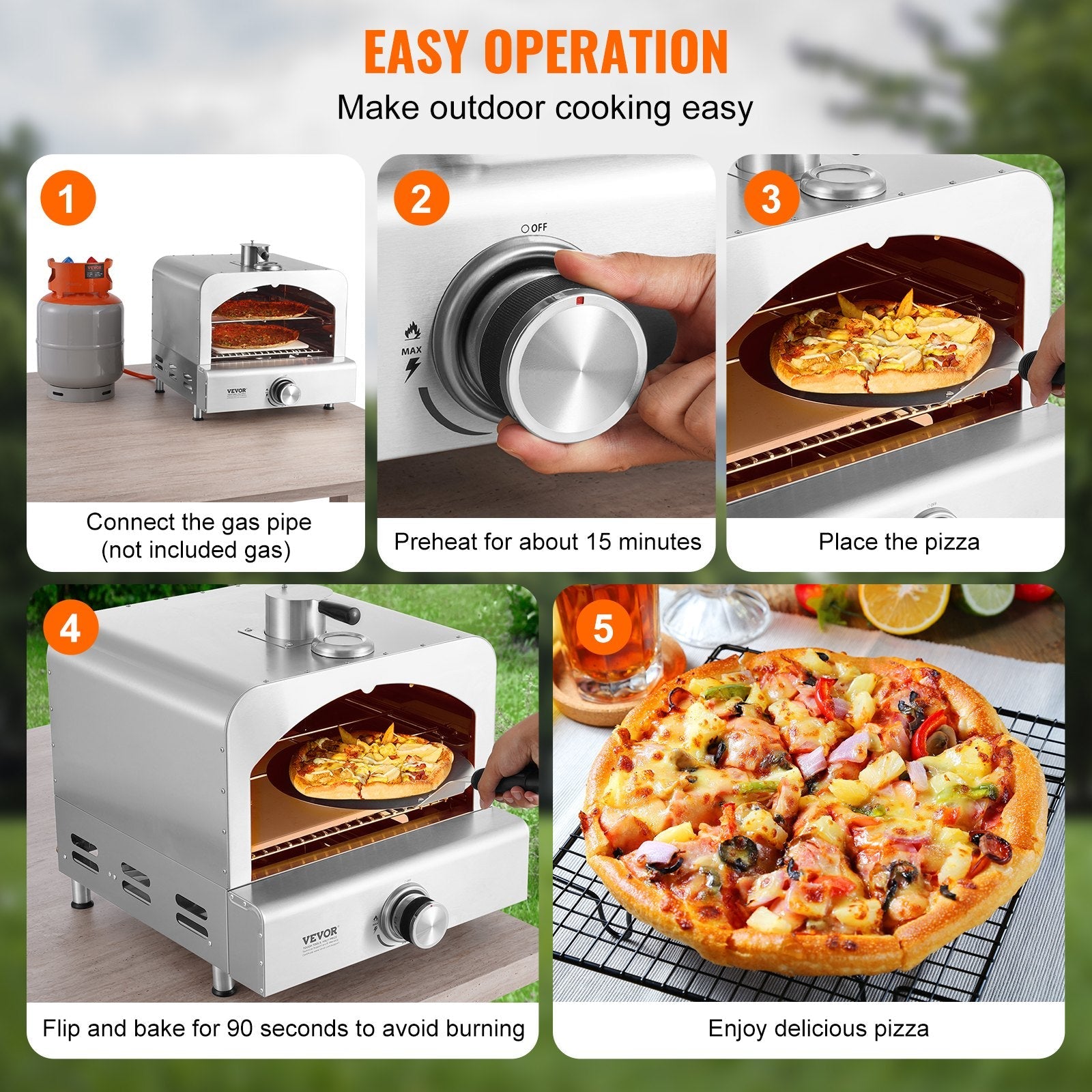 VEVOR 11" Outdoor Pizza Oven Portable Gas Oven 430 Stainless Steel for Camping 