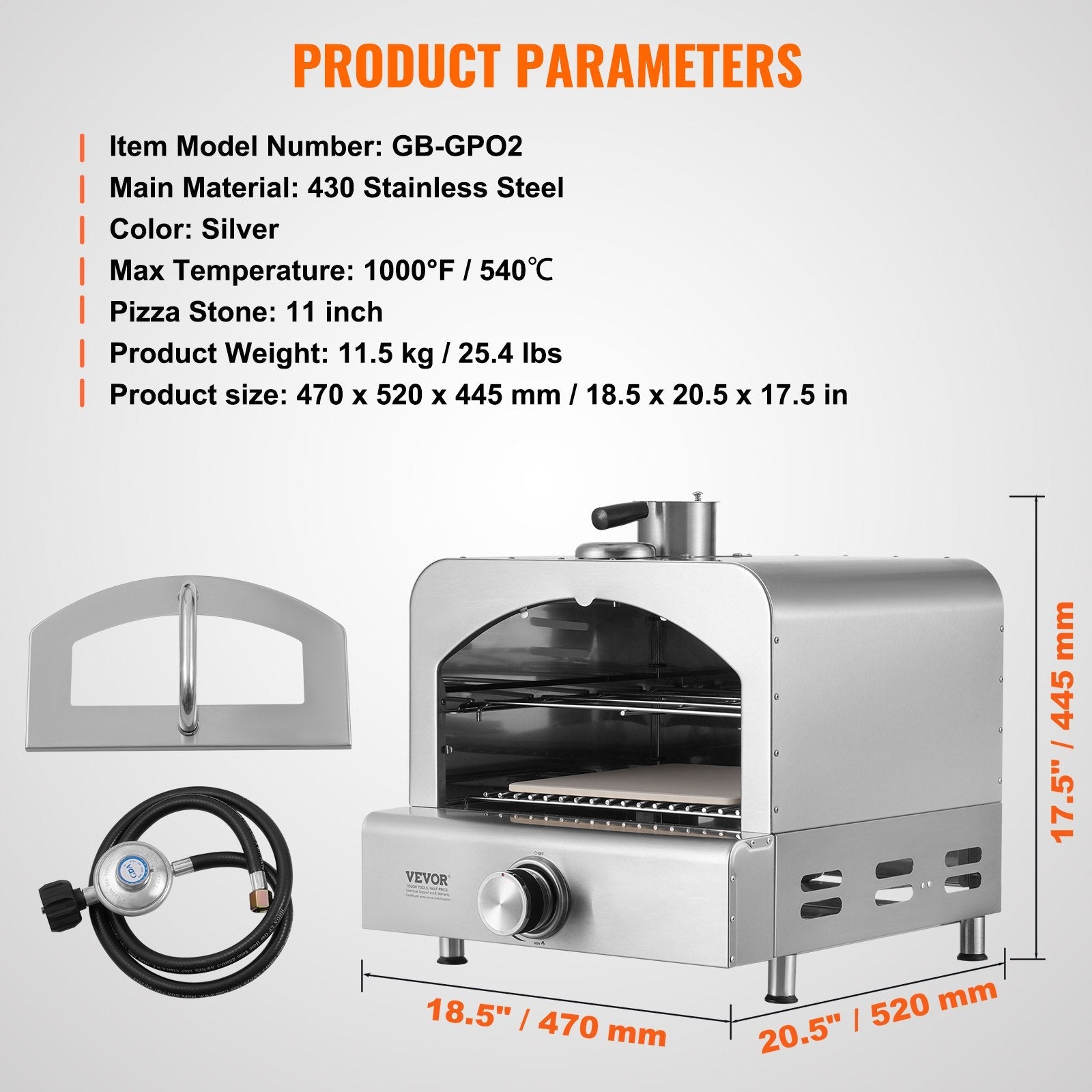 VEVOR 11" Outdoor Pizza Oven Portable Gas Oven 430 Stainless Steel for Camping 