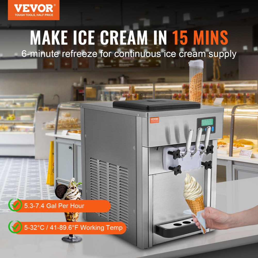 VEVOR Commercial Ice Cream Machine, 21 QT/H Yield, 1800W 3-Flavor Countertop Soft Serve Ice Cream Maker, 2 x 4L Hopper 2 x 1.8L Cylinder, LCD Panel Auto Clean Pre-cooling, for Restaurant Snack Bar 