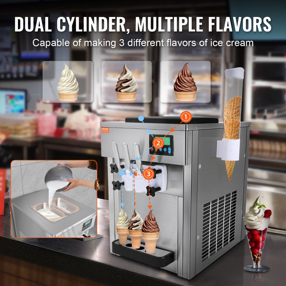 VEVOR Commercial Ice Cream Machine, 21 QT/H Yield, 1800W 3-Flavor Countertop Soft Serve Ice Cream Maker, 2 x 4L Hopper 2 x 1.8L Cylinder, LCD Panel Auto Clean Pre-cooling, for Restaurant Snack Bar 