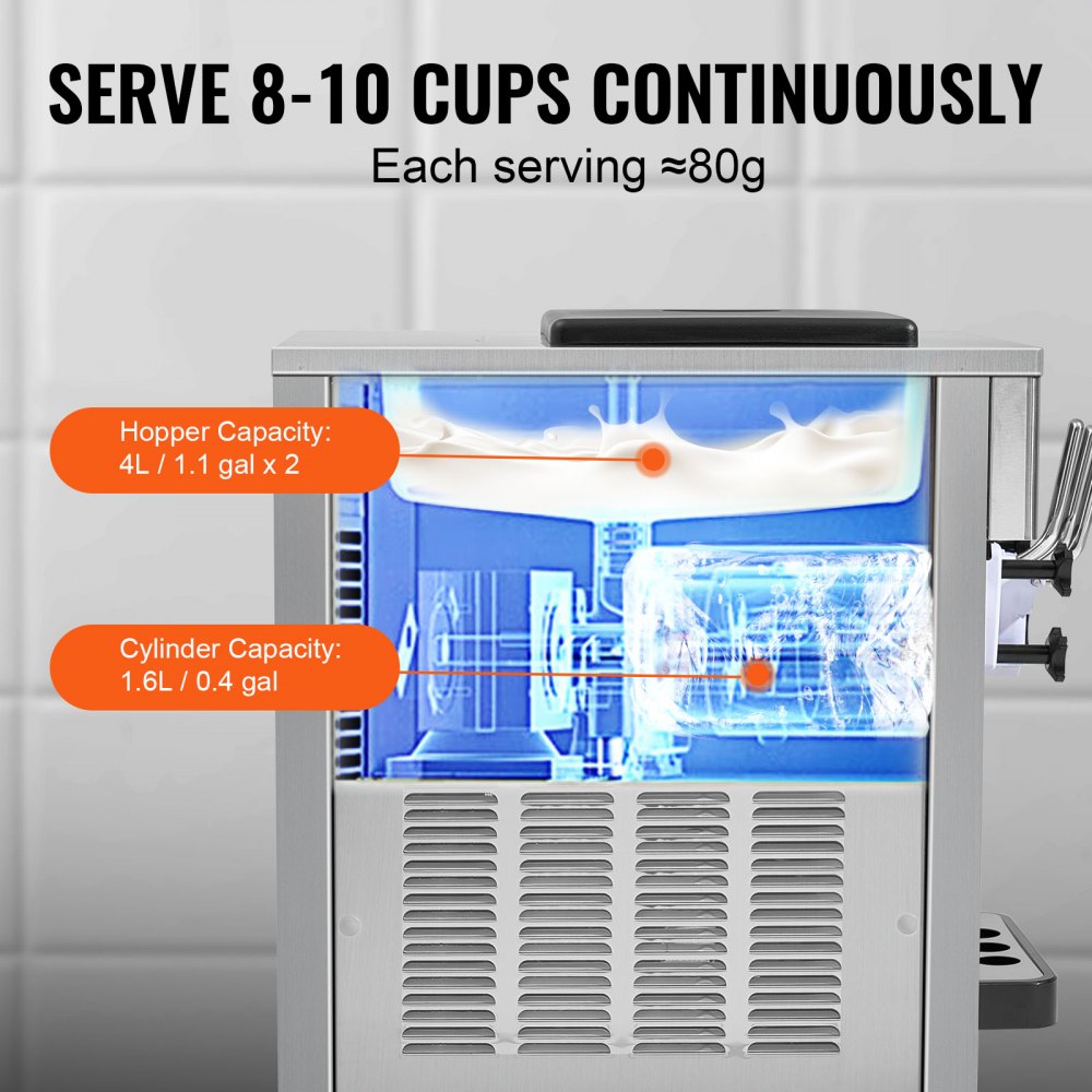 VEVOR Commercial Ice Cream Machine, 21 QT/H Yield, 1800W 3-Flavor Countertop Soft Serve Ice Cream Maker, 2 x 4L Hopper 2 x 1.8L Cylinder, LCD Panel Auto Clean Pre-cooling, for Restaurant Snack Bar 