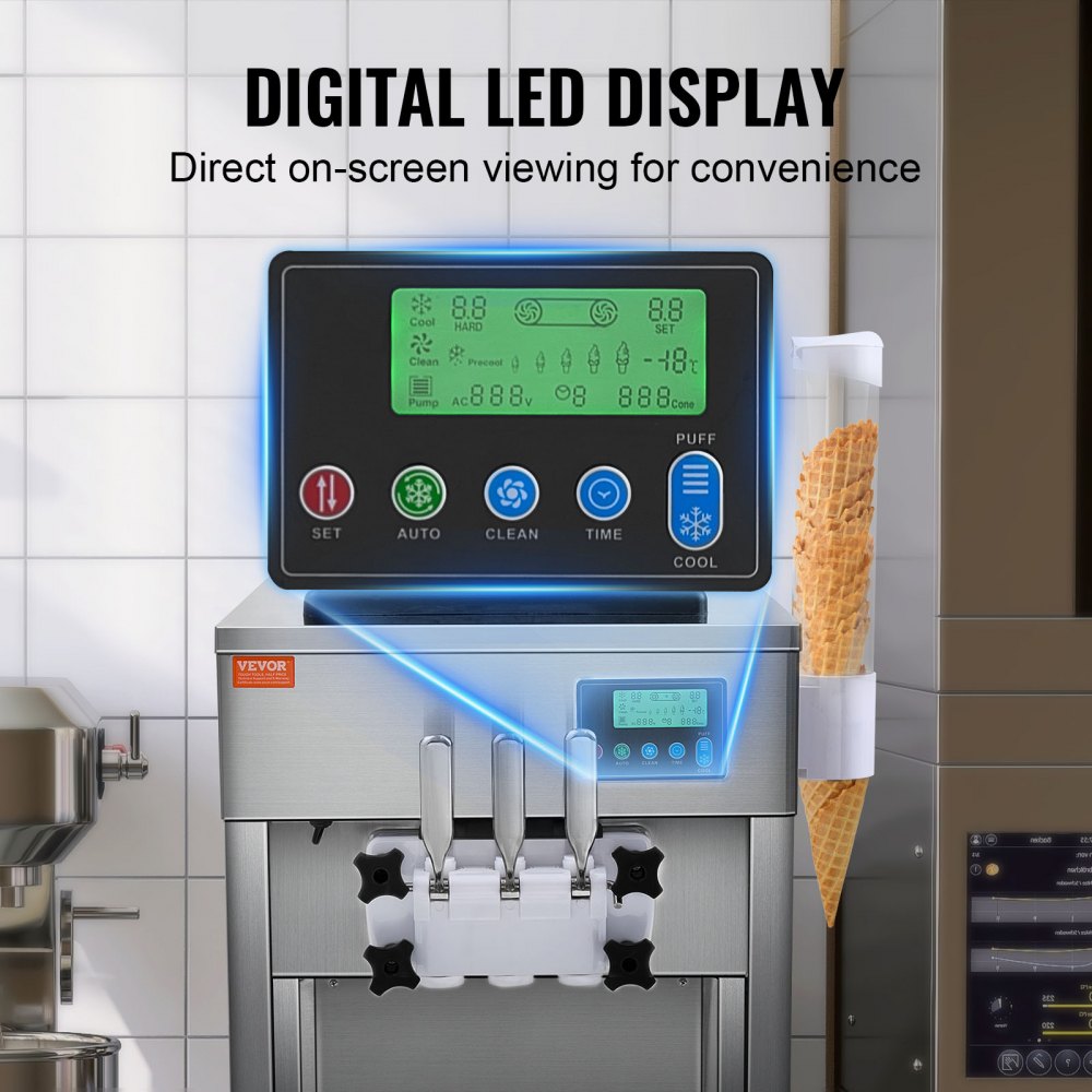 VEVOR Commercial Ice Cream Machine, 21 QT/H Yield, 1800W 3-Flavor Countertop Soft Serve Ice Cream Maker, 2 x 4L Hopper 2 x 1.8L Cylinder, LCD Panel Auto Clean Pre-cooling, for Restaurant Snack Bar 