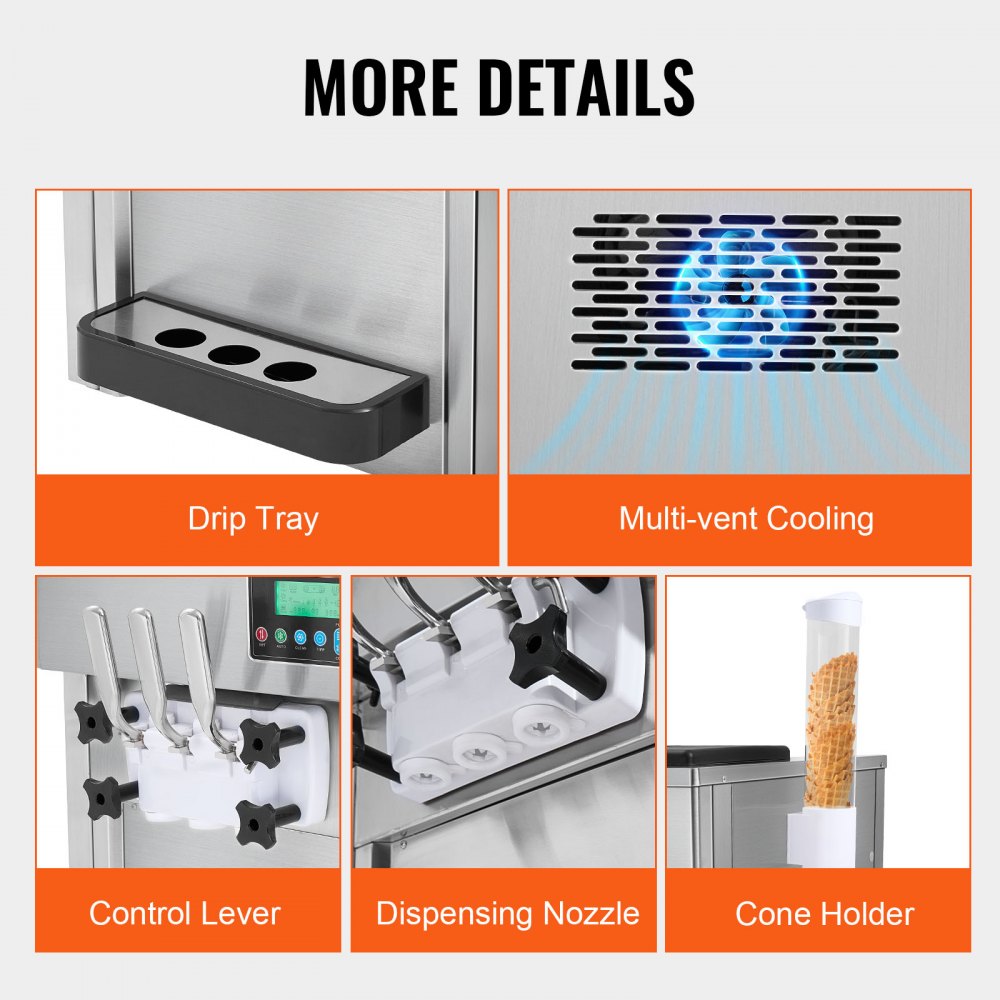 VEVOR Commercial Ice Cream Machine, 21 QT/H Yield, 1800W 3-Flavor Countertop Soft Serve Ice Cream Maker, 2 x 4L Hopper 2 x 1.8L Cylinder, LCD Panel Auto Clean Pre-cooling, for Restaurant Snack Bar 