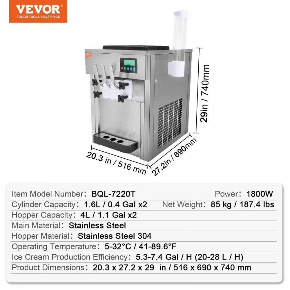 VEVOR Commercial Ice Cream Machine, 21 QT/H Yield, 1800W 3-Flavor Countertop Soft Serve Ice Cream Maker, 2 x 4L Hopper 2 x 1.8L Cylinder, LCD Panel Auto Clean Pre-cooling, for Restaurant Snack Bar 