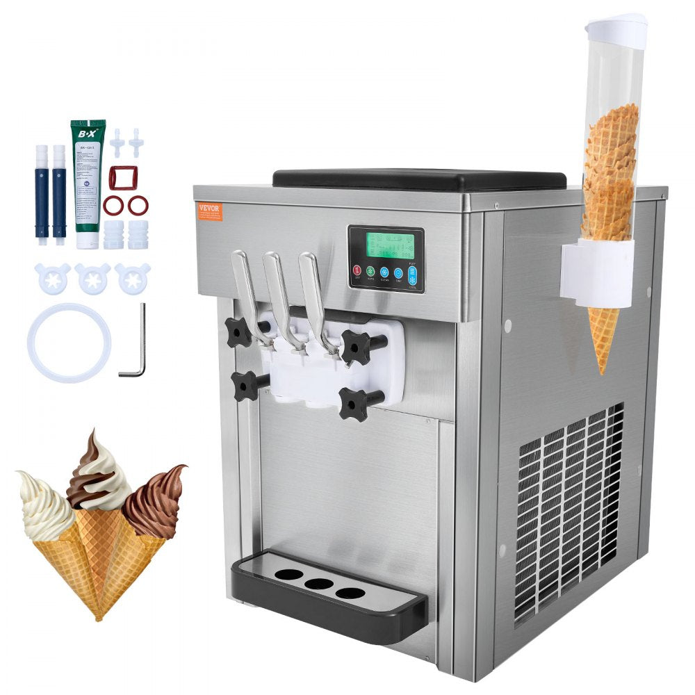 VEVOR Commercial Ice Cream Machine, 21 QT/H Yield, 1800W 3-Flavor Countertop Soft Serve Ice Cream Maker, 2 x 4L Hopper 2 x 1.8L Cylinder, LCD Panel Auto Clean Pre-cooling, for Restaurant Snack Bar 
