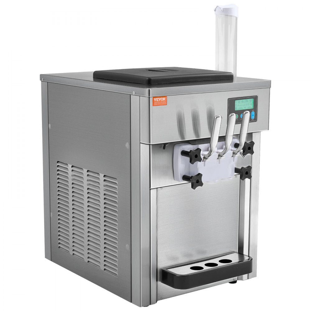 VEVOR Commercial Ice Cream Machine, 21 QT/H Yield, 1800W 3-Flavor Countertop Soft Serve Ice Cream Maker, 2 x 4L Hopper 2 x 1.8L Cylinder, LCD Panel Auto Clean Pre-cooling, for Restaurant Snack Bar 