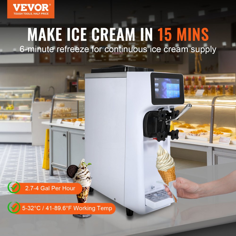 VEVOR Commercial Ice Cream Machine, 10.6 QT/H Yield, 1000W Single Flavor Countertop Soft Serve Ice Cream Maker, 4L Hopper 1.6L Cylinder, Touch Screen Auto Clean Pre-cooling, for Restaurant Snack Bar 