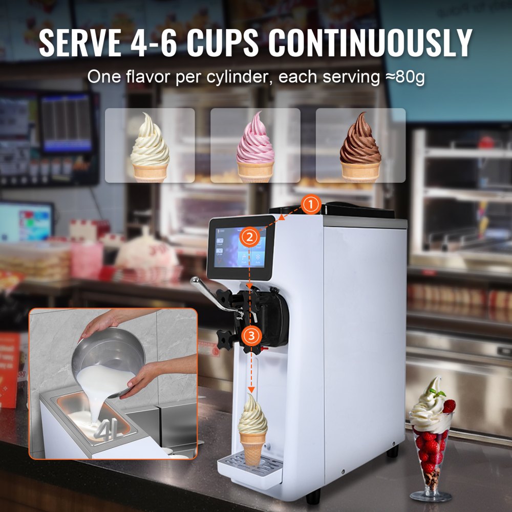 VEVOR Commercial Ice Cream Machine, 10.6 QT/H Yield, 1000W Single Flavor Countertop Soft Serve Ice Cream Maker, 4L Hopper 1.6L Cylinder, Touch Screen Auto Clean Pre-cooling, for Restaurant Snack Bar 