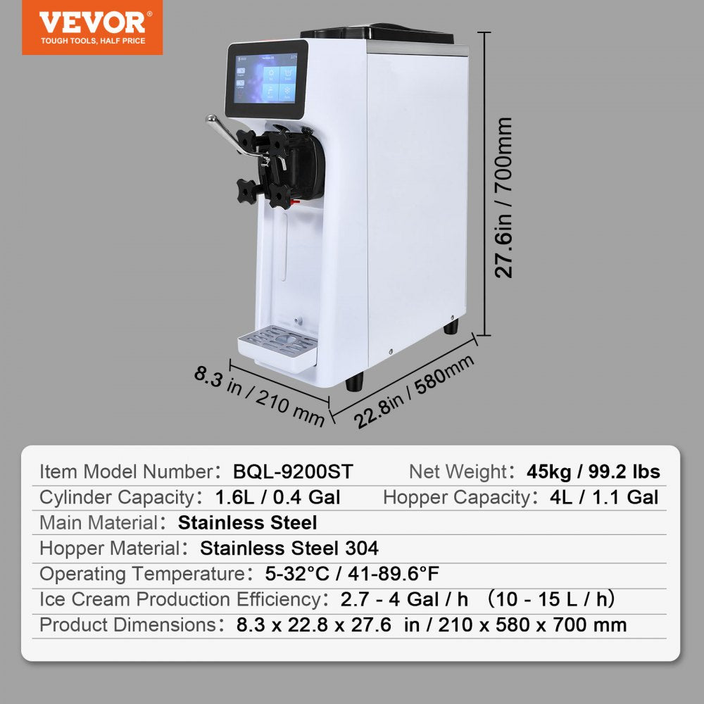 VEVOR Commercial Ice Cream Machine, 10.6 QT/H Yield, 1000W Single Flavor Countertop Soft Serve Ice Cream Maker, 4L Hopper 1.6L Cylinder, Touch Screen Auto Clean Pre-cooling, for Restaurant Snack Bar 