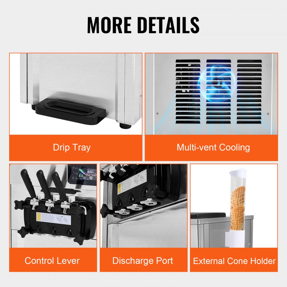 VEVOR Commercial Ice Cream Machine, 18-28 L/H Yield, 1850W 3-Flavor Countertop Soft Serve Ice Cream Maker,  2 x 5.5L Stainless Steel Cylinder, LED Panel Auto Clean Pre-cooling, for Restaurant Bars 