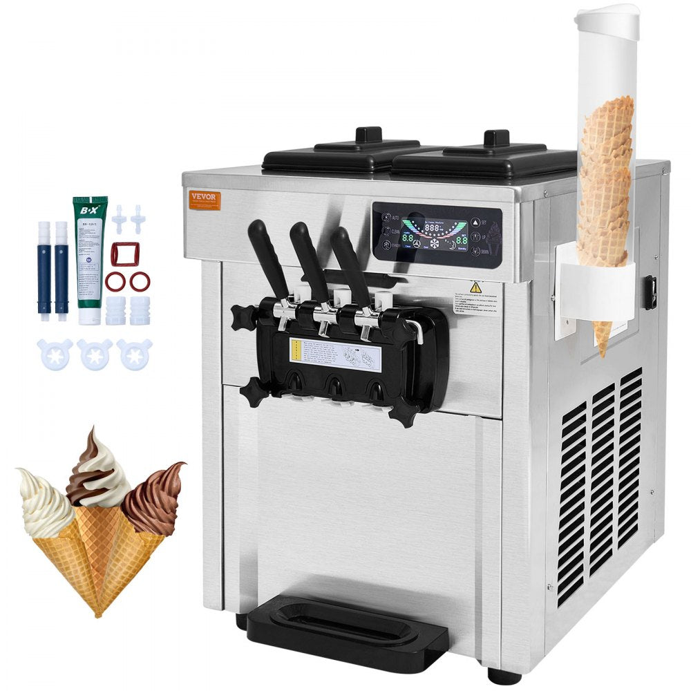 VEVOR Commercial Ice Cream Machine, 18-28 L/H Yield, 1850W 3-Flavor Countertop Soft Serve Ice Cream Maker,  2 x 5.5L Stainless Steel Cylinder, LED Panel Auto Clean Pre-cooling, for Restaurant Bars 