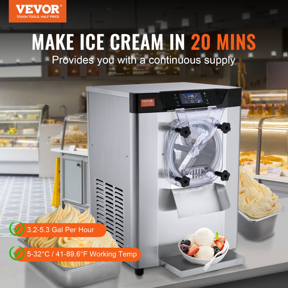 VEVOR Commercial Ice Cream Machine, 12 L/H Yield, 1713W Single Flavor Countertop Hard Serve Ice Cream Maker,  4.5L Stainless Steel Cylinder, LED Panel Auto Clean Pre-cooling, for Restaurant Snack Bars 