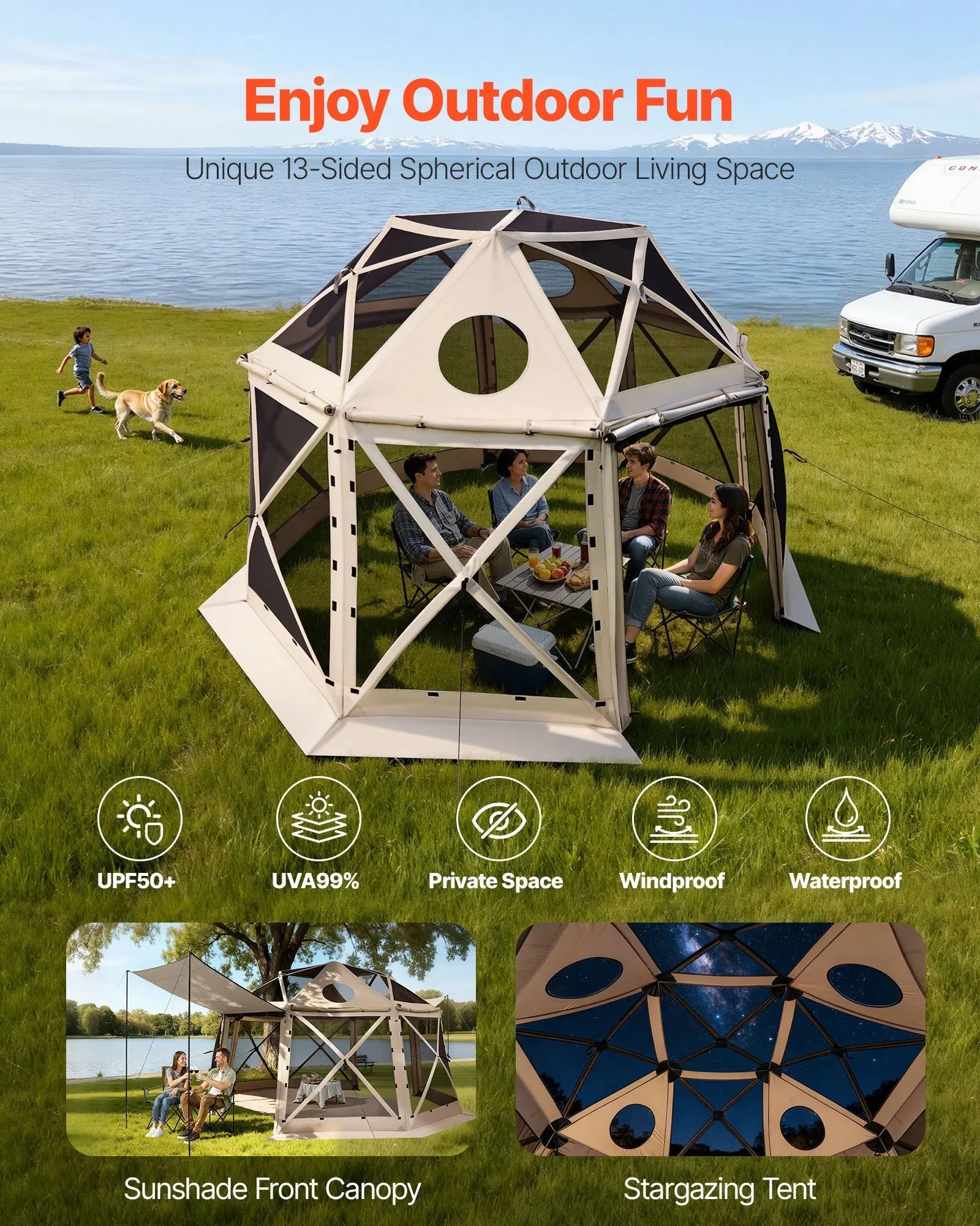 VEVOR Pop up Gazebo Screen Tent, 12 x 12 ft, 13-Sided Spherical Camping Canopy Tent with Removable Top & Carry Bag, Quick-Set & Bite-Proof, Screen House Sun Shelter for 8-10 Persons, Beige 