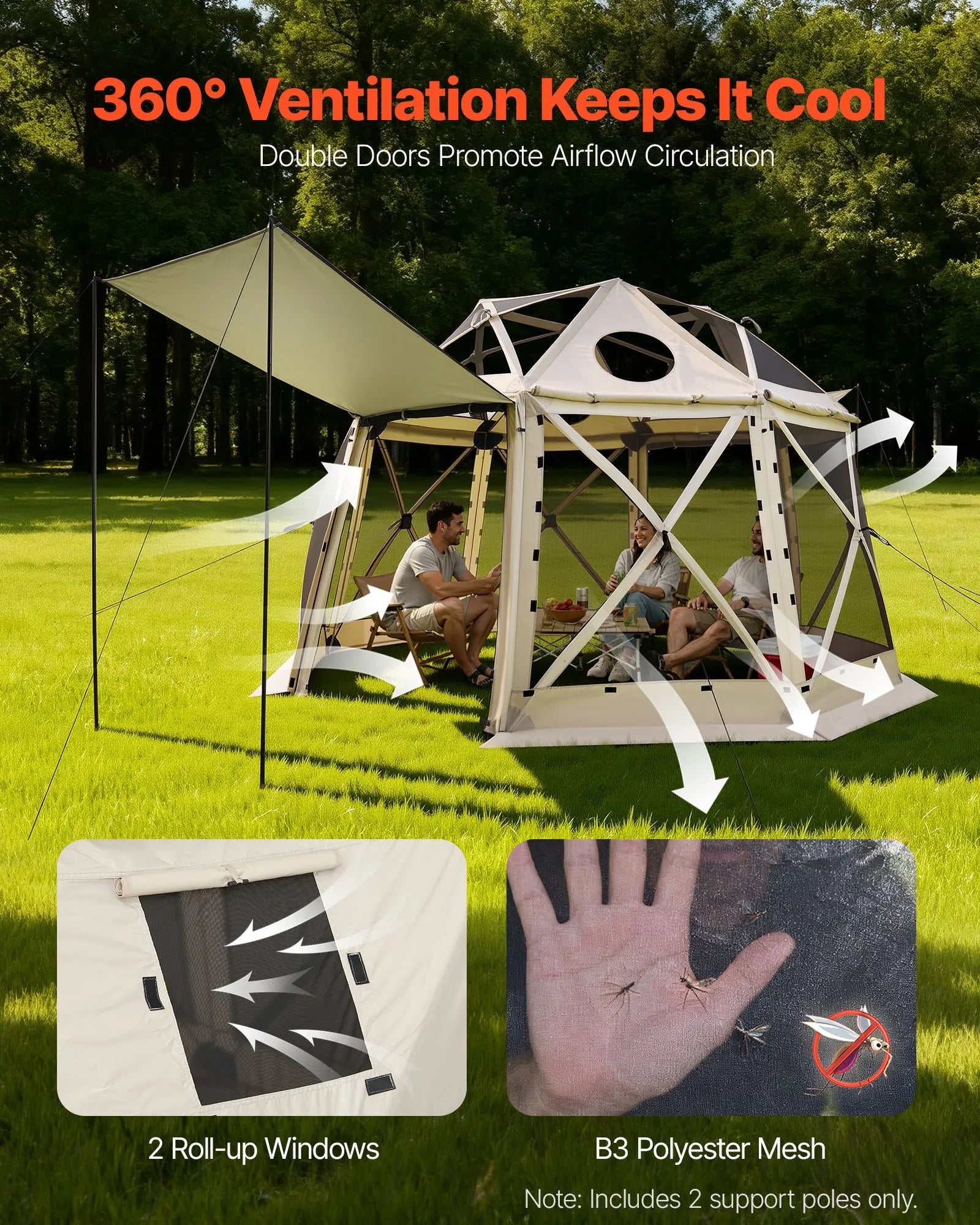 VEVOR Pop up Gazebo Screen Tent, 12 x 12 ft, 13-Sided Spherical Camping Canopy Tent with Removable Top & Carry Bag, Quick-Set & Bite-Proof, Screen House Sun Shelter for 8-10 Persons, Beige 