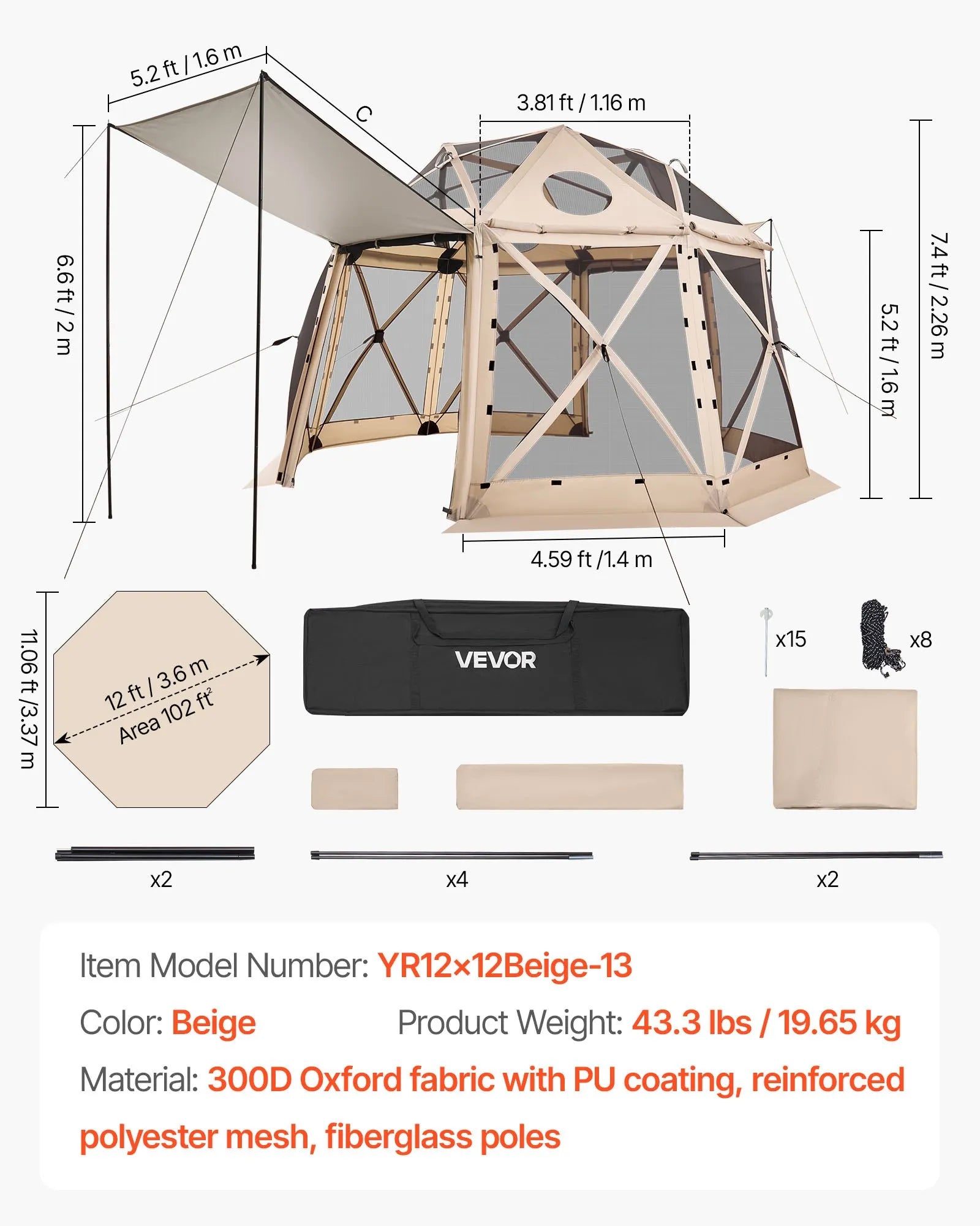 VEVOR Pop up Gazebo Screen Tent, 12 x 12 ft, 13-Sided Spherical Camping Canopy Tent with Removable Top & Carry Bag, Quick-Set & Bite-Proof, Screen House Sun Shelter for 8-10 Persons, Beige 