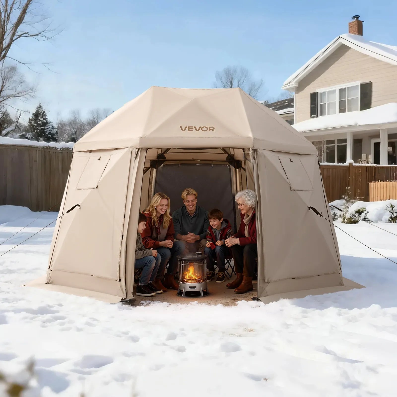 VEVOR Pop up Gazebo Screen Tent, 12 x 12 ft, 13-Sided Spherical Camping Canopy Tent with Removable Top & Carry Bag, Quick-Set & Bite-Proof, Screen House Sun Shelter for 8-10 Persons, Beige 