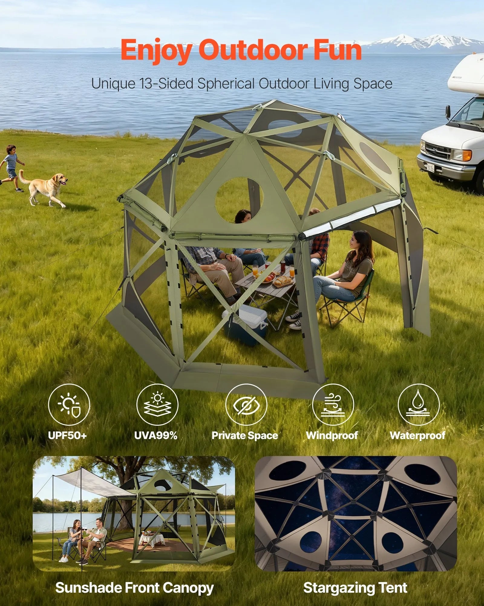 VEVOR Pop up Gazebo Screen Tent, 13 x 13 ft, 13-Sided Spherical Camping Canopy Tent with Removable Top & Carry Bag, Quick-Set & Bite-Proof, Screen House Sun Shelter for 10-12 Persons, Green 