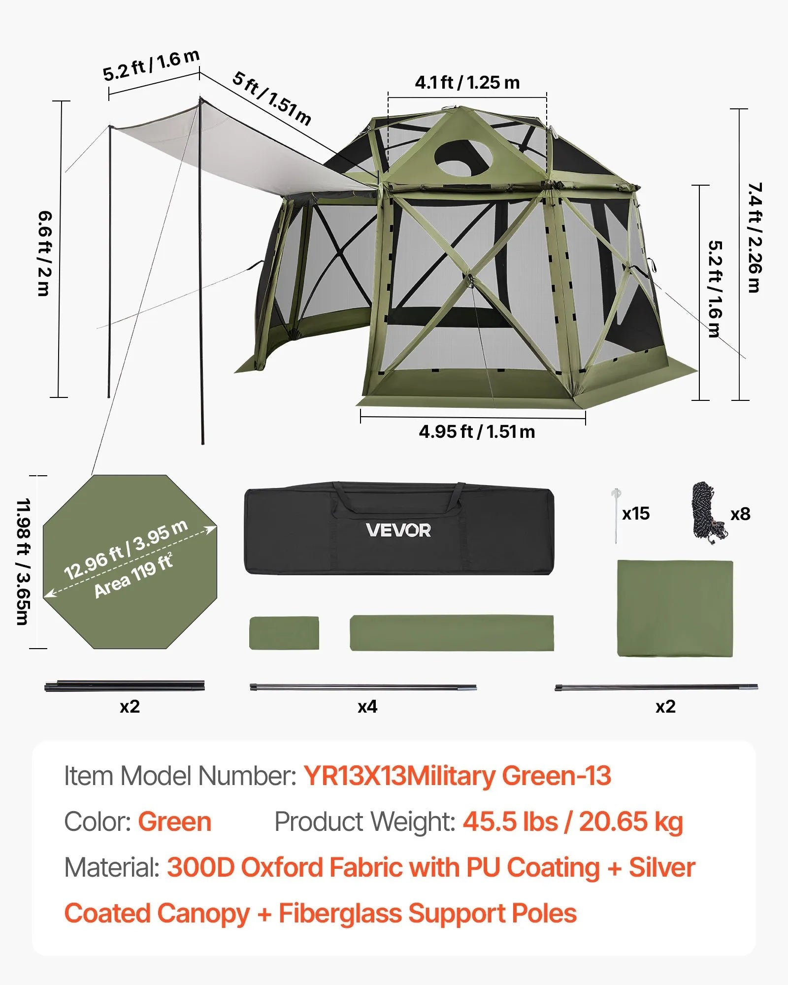 VEVOR Pop up Gazebo Screen Tent, 13 x 13 ft, 13-Sided Spherical Camping Canopy Tent with Removable Top & Carry Bag, Quick-Set & Bite-Proof, Screen House Sun Shelter for 10-12 Persons, Green 